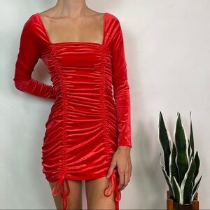 NWT Wild Fable Women's Long Sleeve Ruched Velvet Bodycon Dress - Red